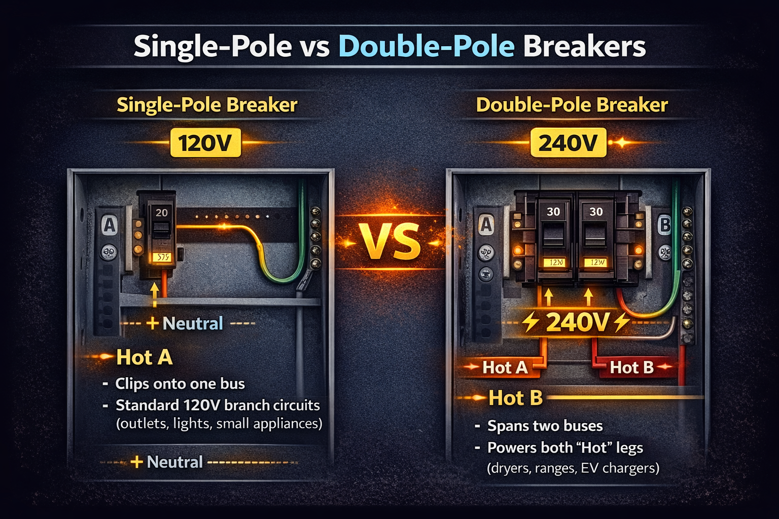 Infographic comparing single-pole and double-pole breakers: single-pole typically supplies 120V using one hot leg, double-pole typically supplies 240V using two hot legs.