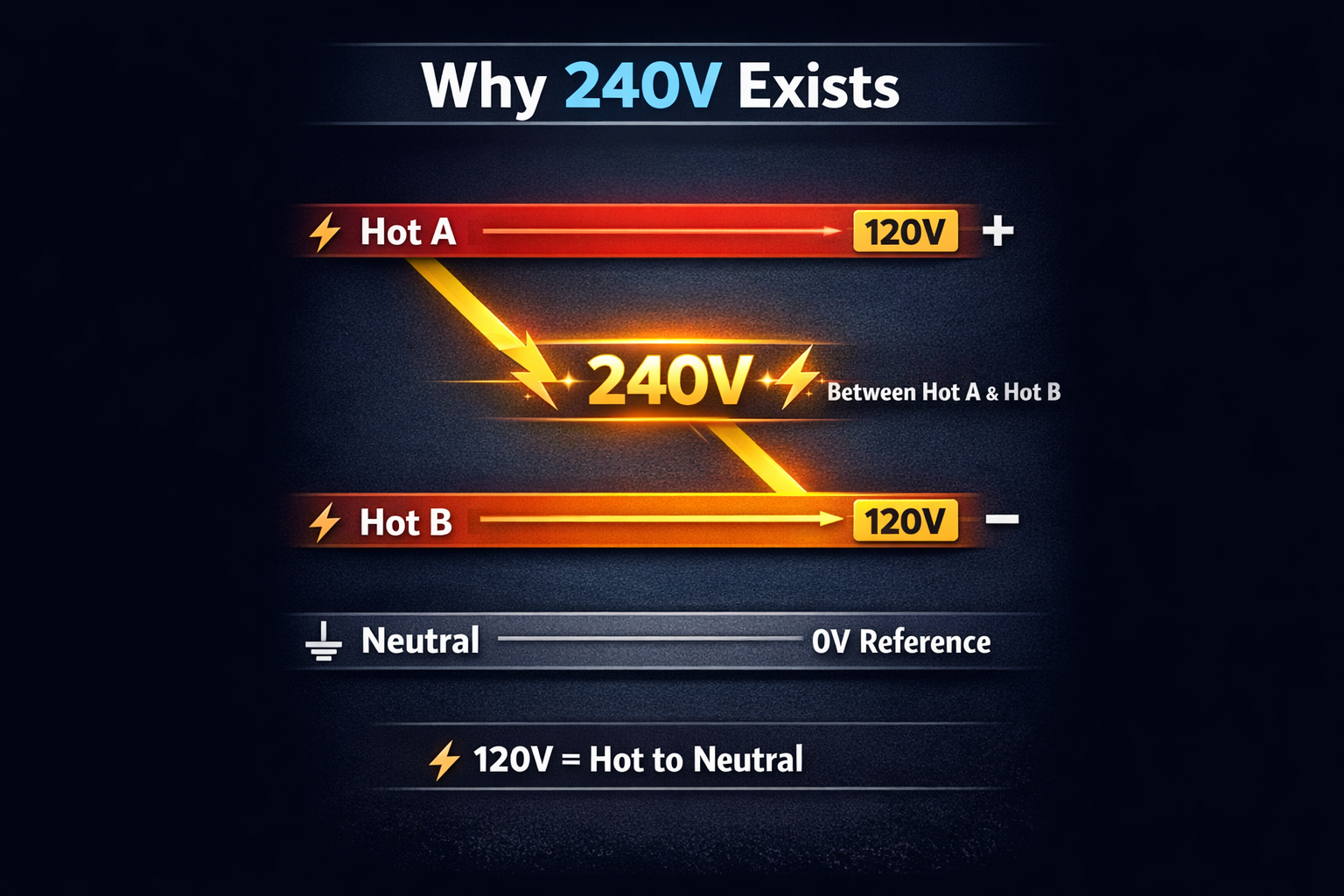 Diagram showing split-phase power: Hot A and Hot B are each 120V to neutral, and 240V exists between Hot A and Hot B.