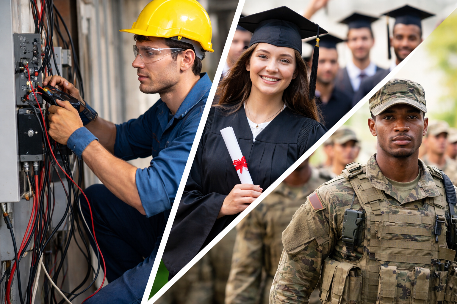 Career pathways: Skilled Trades, College, and Military (diagonal split)