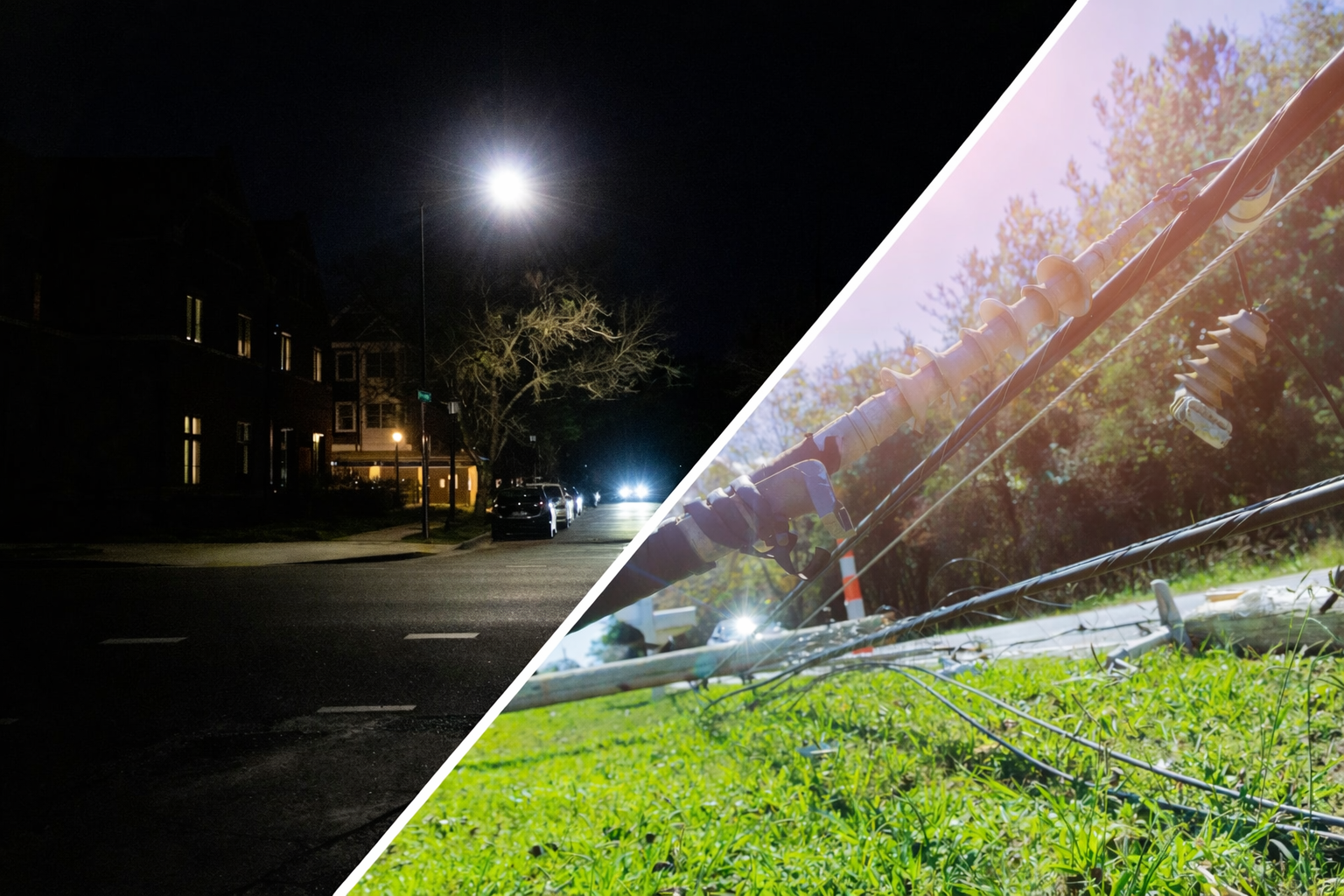 Power outage at night and downed power lines after storm damage in the United States