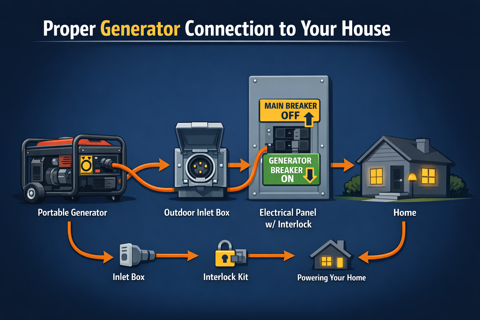 Proper generator setup showing generator to inlet box to electrical panel with interlock powering home
