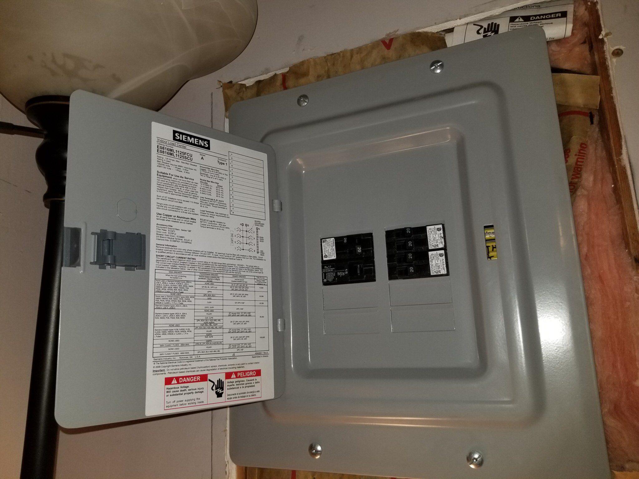 Siemens residential electrical panel with breakers