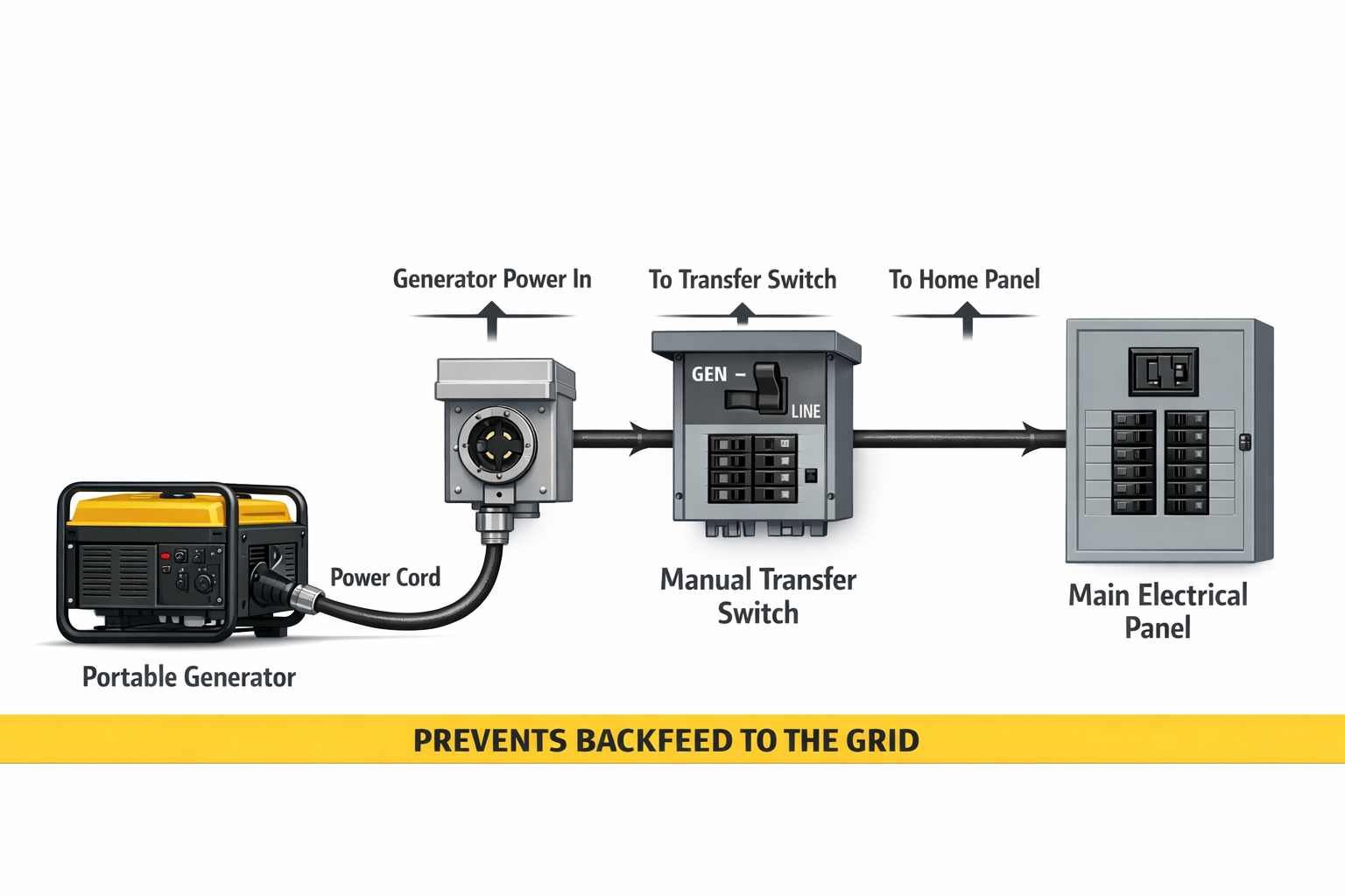 Generator to transfer switch diagram showing inlet box and electrical panel connection