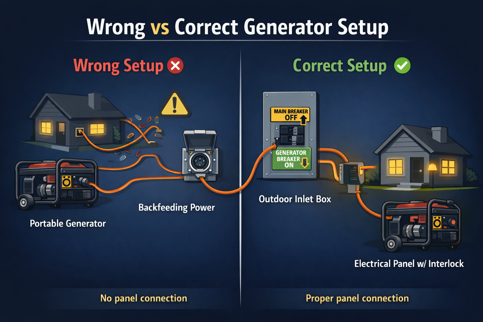 Wrong vs correct generator setup showing unsafe backfeeding and extension cords versus proper inlet box and interlock connection