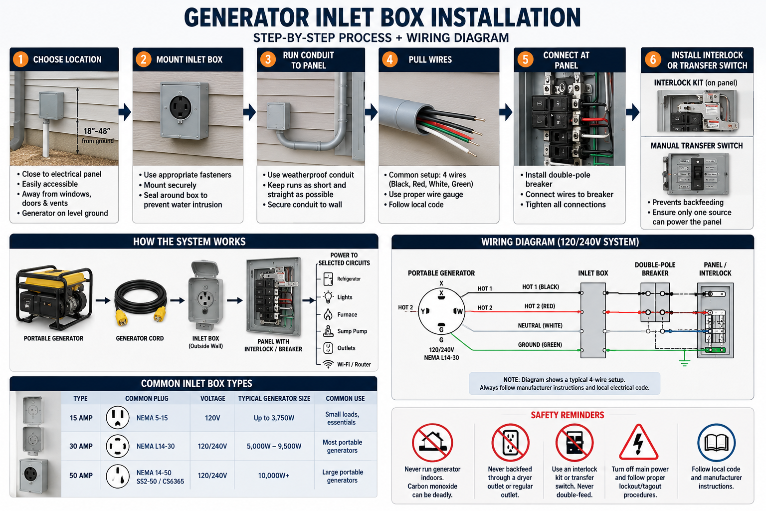 Generator inlet box installation wiring diagram showing portable generator, inlet box, interlock kit, breaker panel, and wiring process