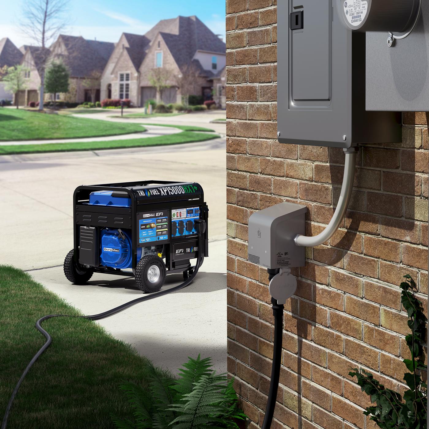 Portable generator connected to a home inlet box during backup power setup