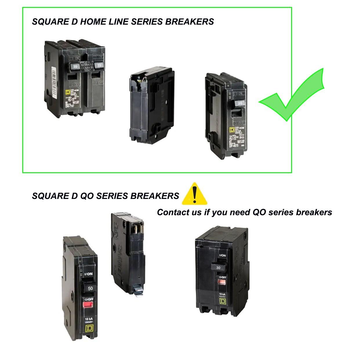 Square D Homeline breaker panel showing residential circuit breakers