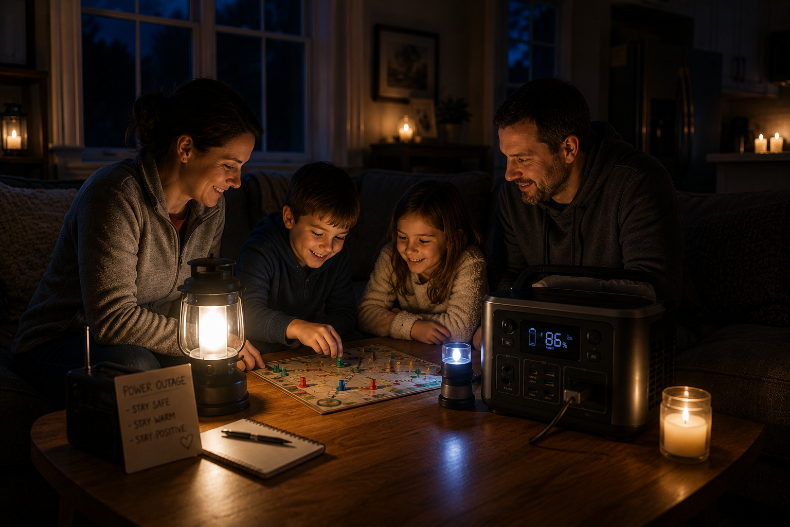 Family during power outage emergency lighting