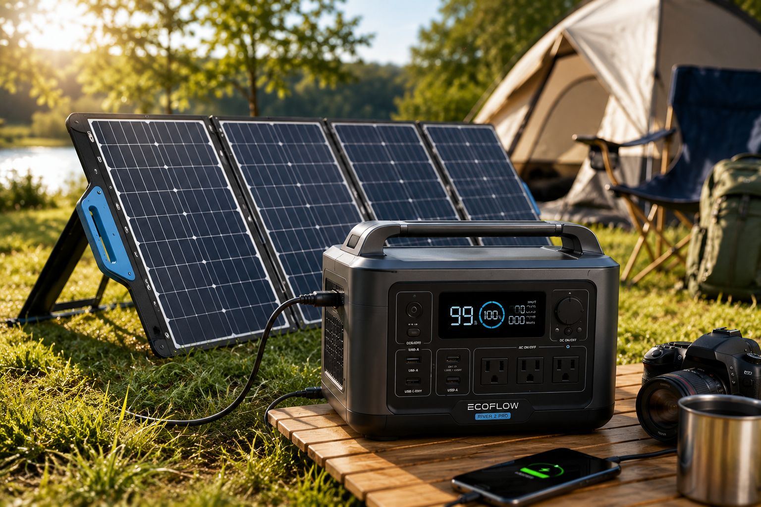 Portable solar generator with solar panels