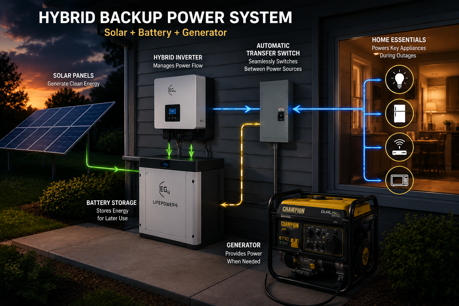 Hybrid solar battery and generator backup system