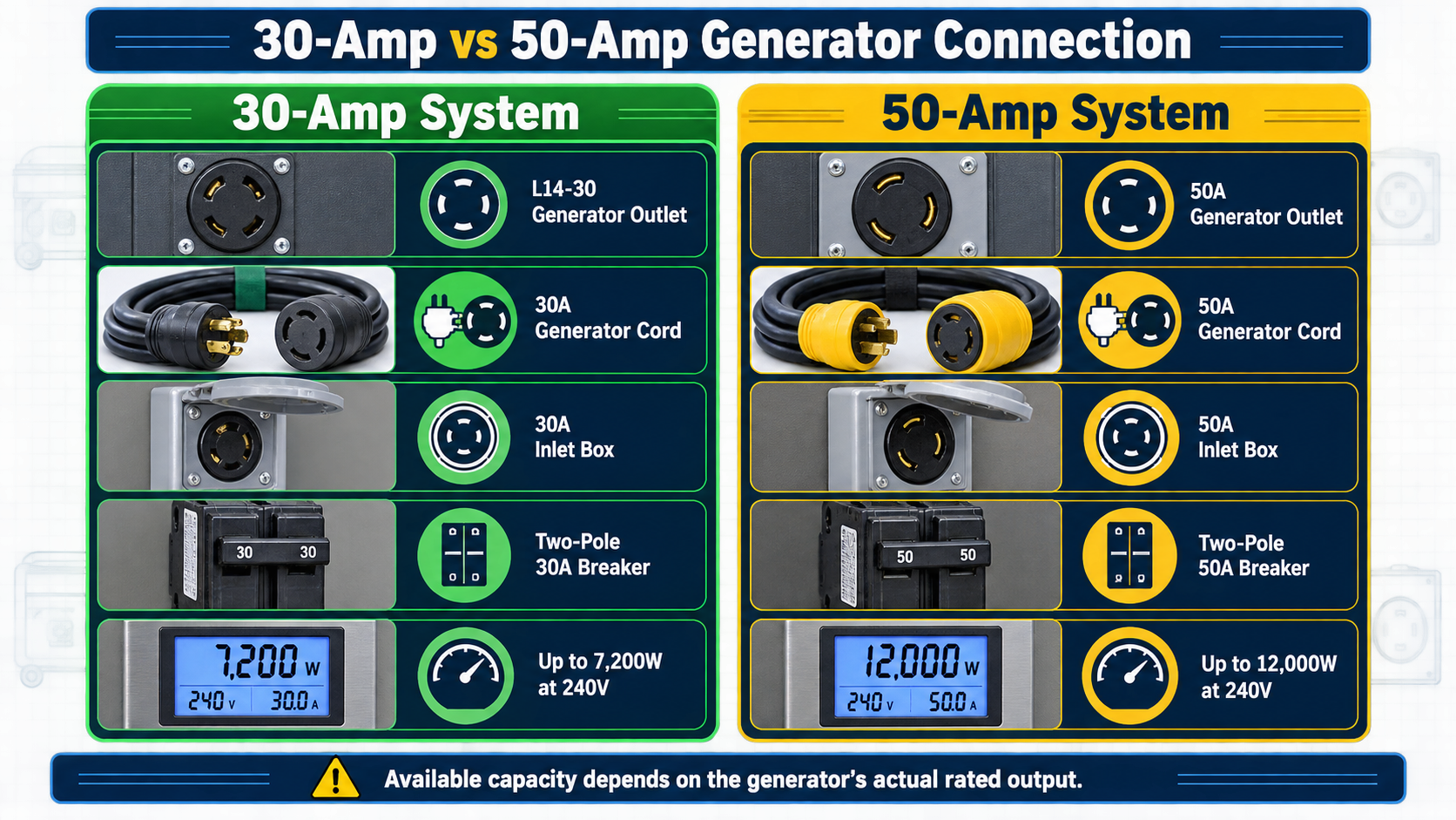 Side-by-side comparison of 30-amp and 50-amp generator outlets, cords, inlet boxes, breakers, and power capacity