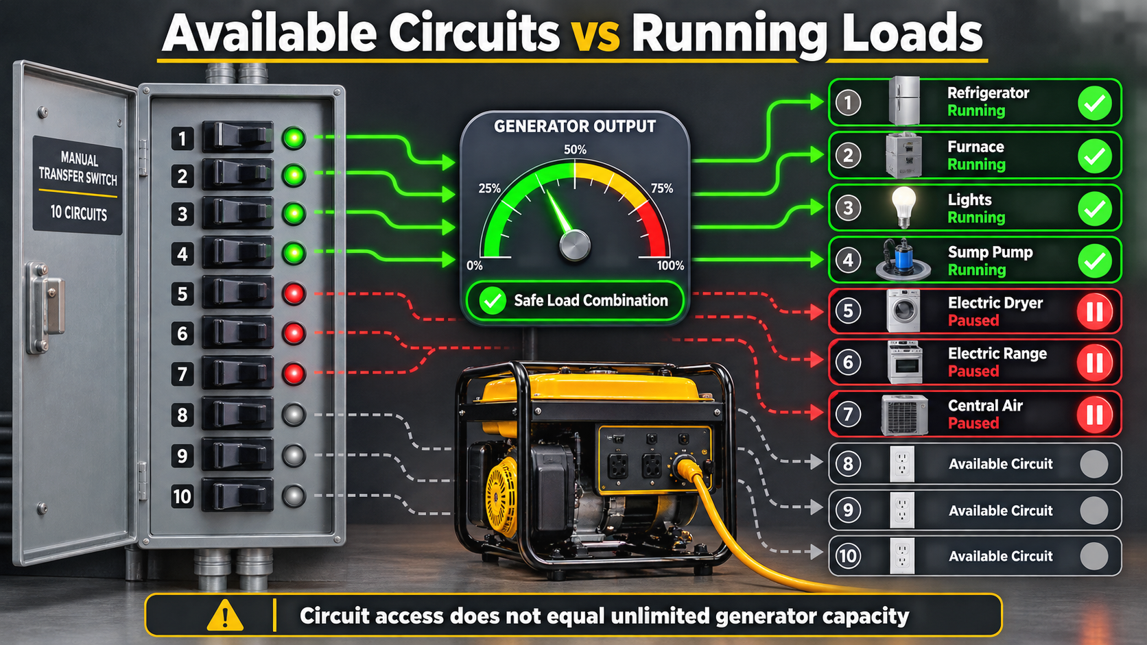Ten-circuit transfer switch showing a safe combination of running loads while an electric dryer, electric range and central air conditioner remain paused