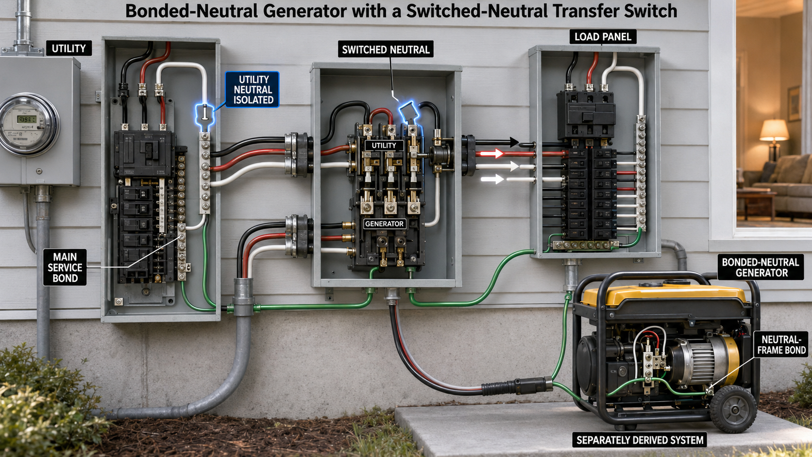 Bonded-neutral generator connected through a switched-neutral transfer switch, with the utility neutral isolated during generator operation