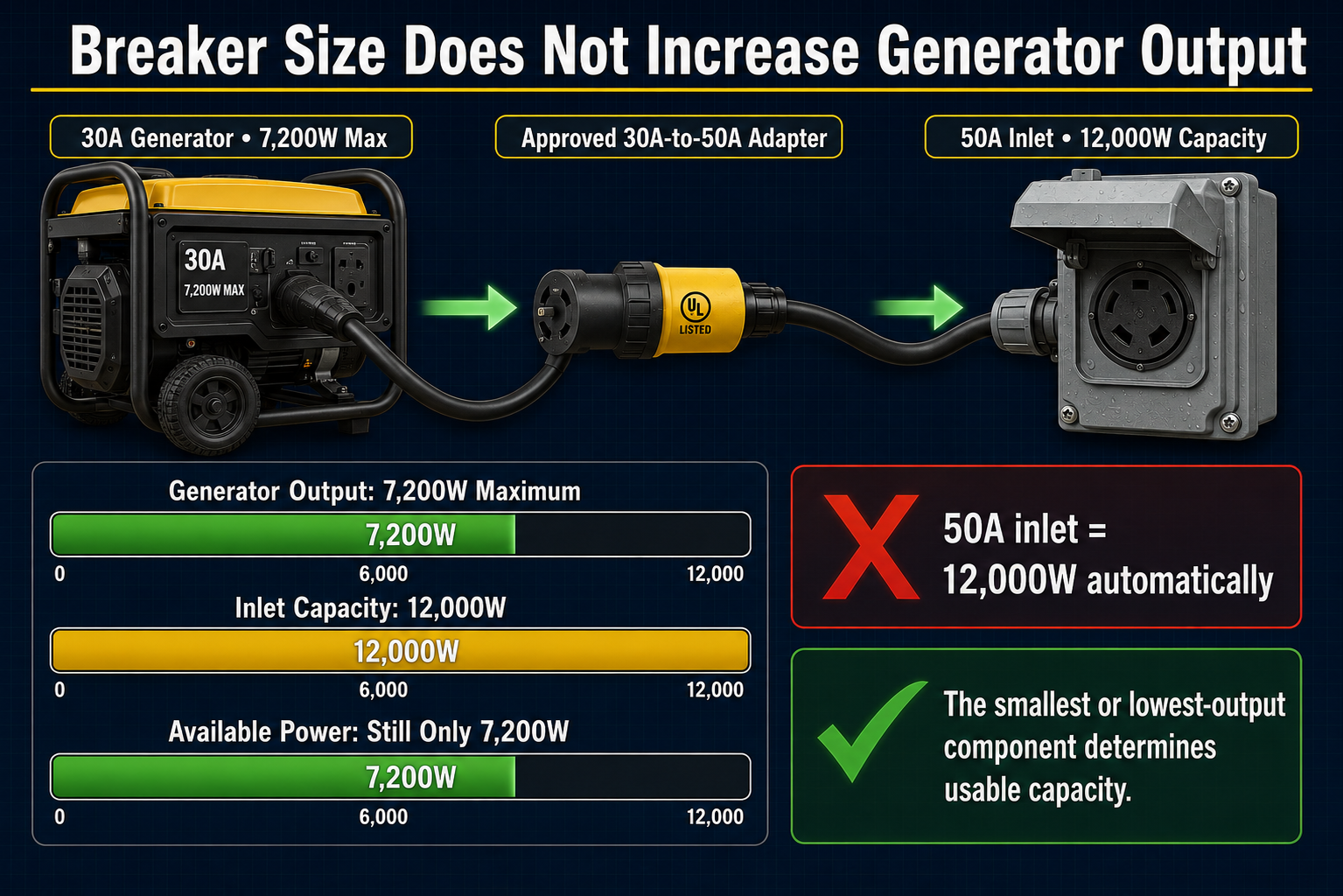 A 30-amp generator connected to a 50-amp inlet remains limited to the generator's 7,200-watt maximum output