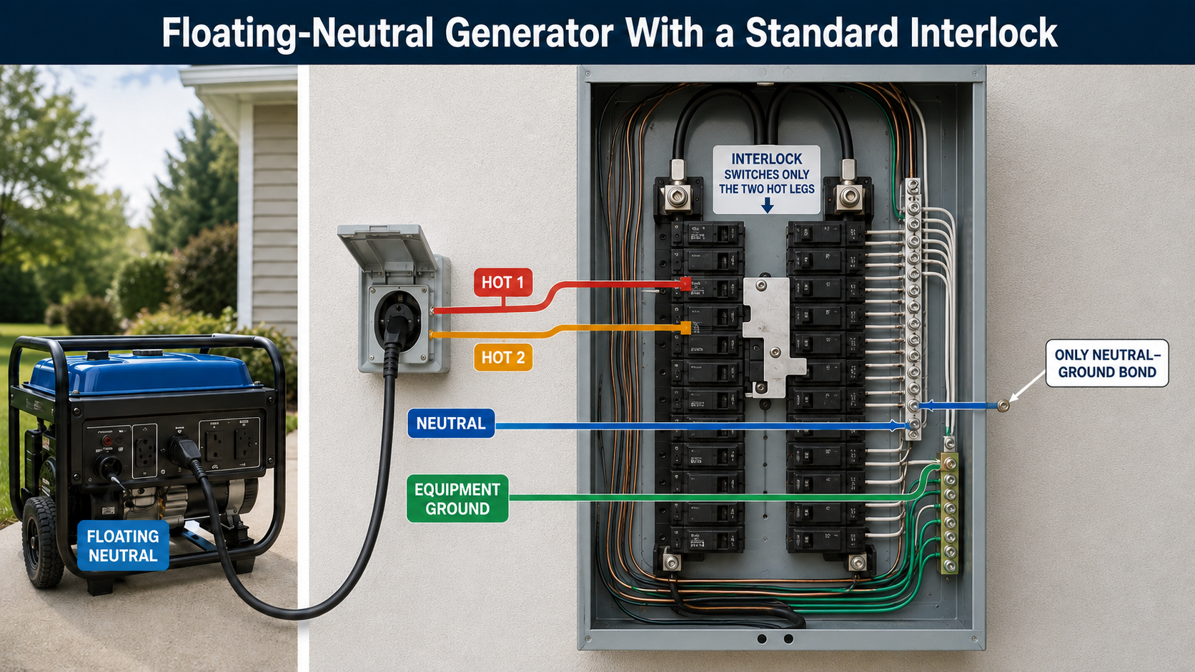 Floating-neutral generator connected through a standard panel interlock, with the neutral remaining connected to the main service neutral-ground bond
