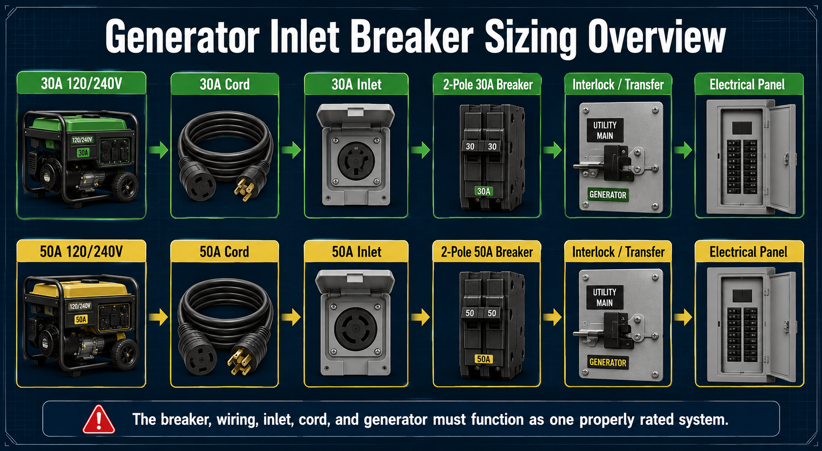 Generator inlet breaker sizing overview showing matched 30-amp and 50-amp generator connection systems