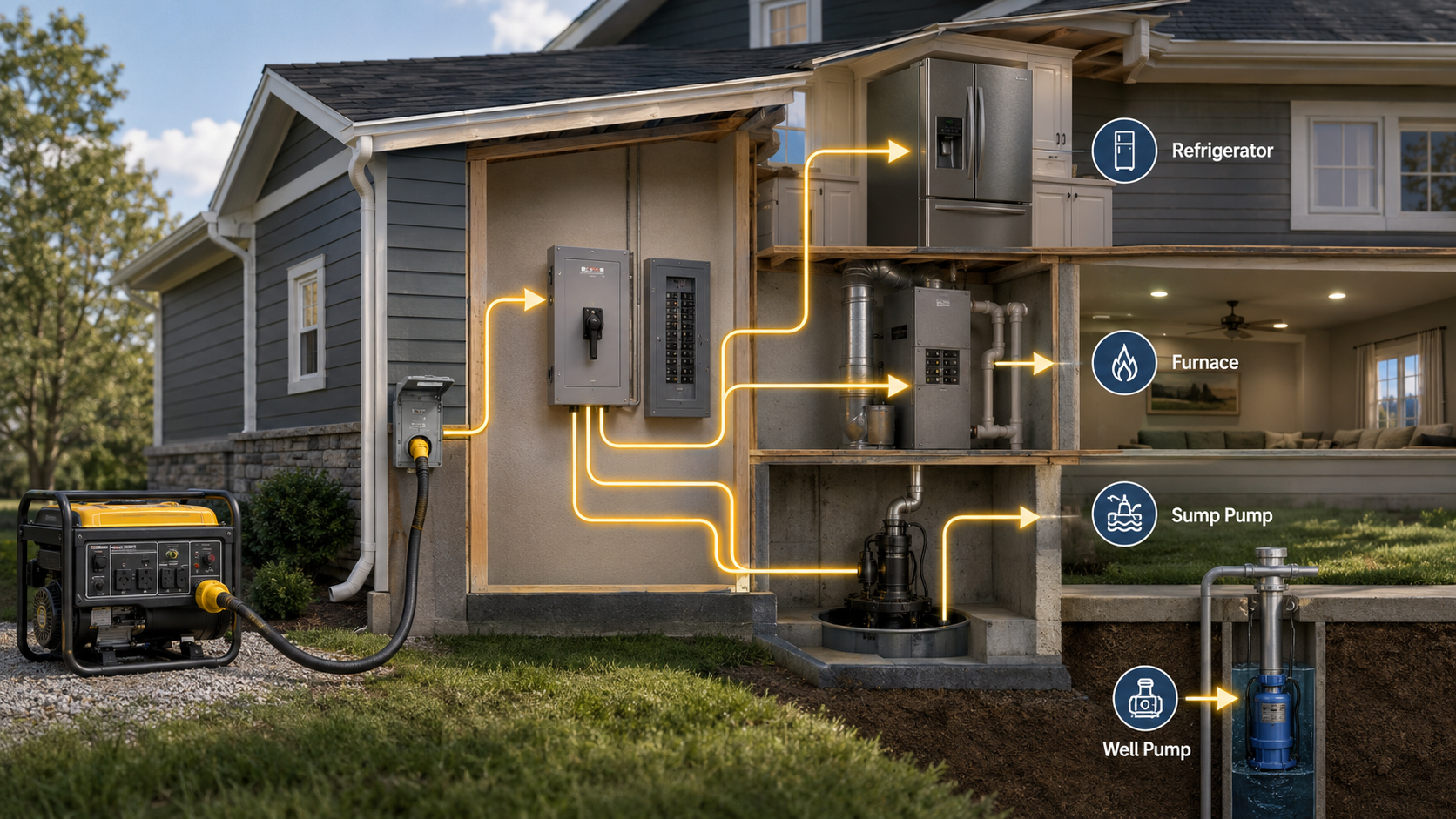 Portable generator connected through an exterior inlet and transfer switch to essential home circuits including a refrigerator, furnace, sump pump, lights and well pump