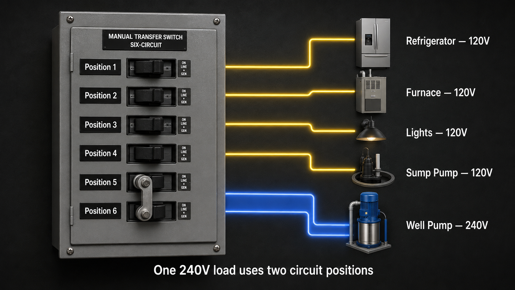 Six-circuit manual transfer switch with four 120-volt circuits and two linked positions supplying one 240-volt well pump
